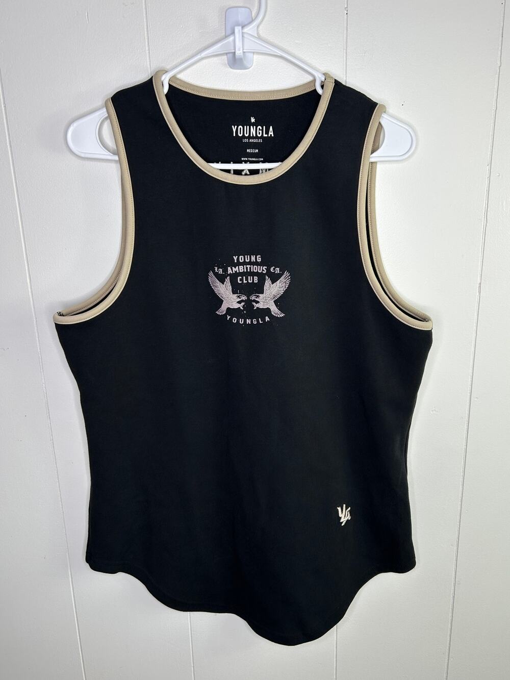 YoungLA Mens Medium Black Beige Trim Ambitious Club Graphic Gym Tank Top